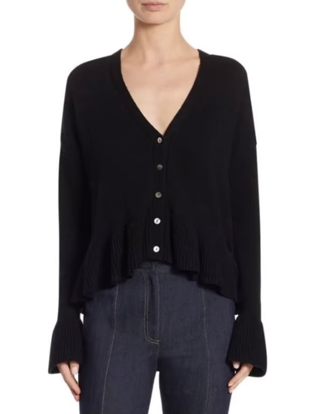 Cinq à Sept black wool blend cardigan ruffled peplum bell sleeves size XS
